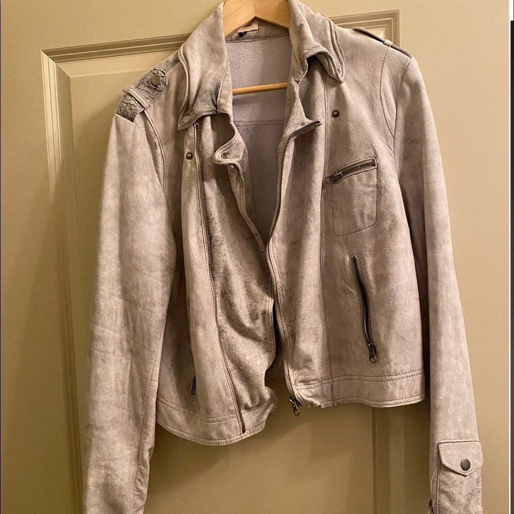 Distressed washed leather pale blue/gray jacket
